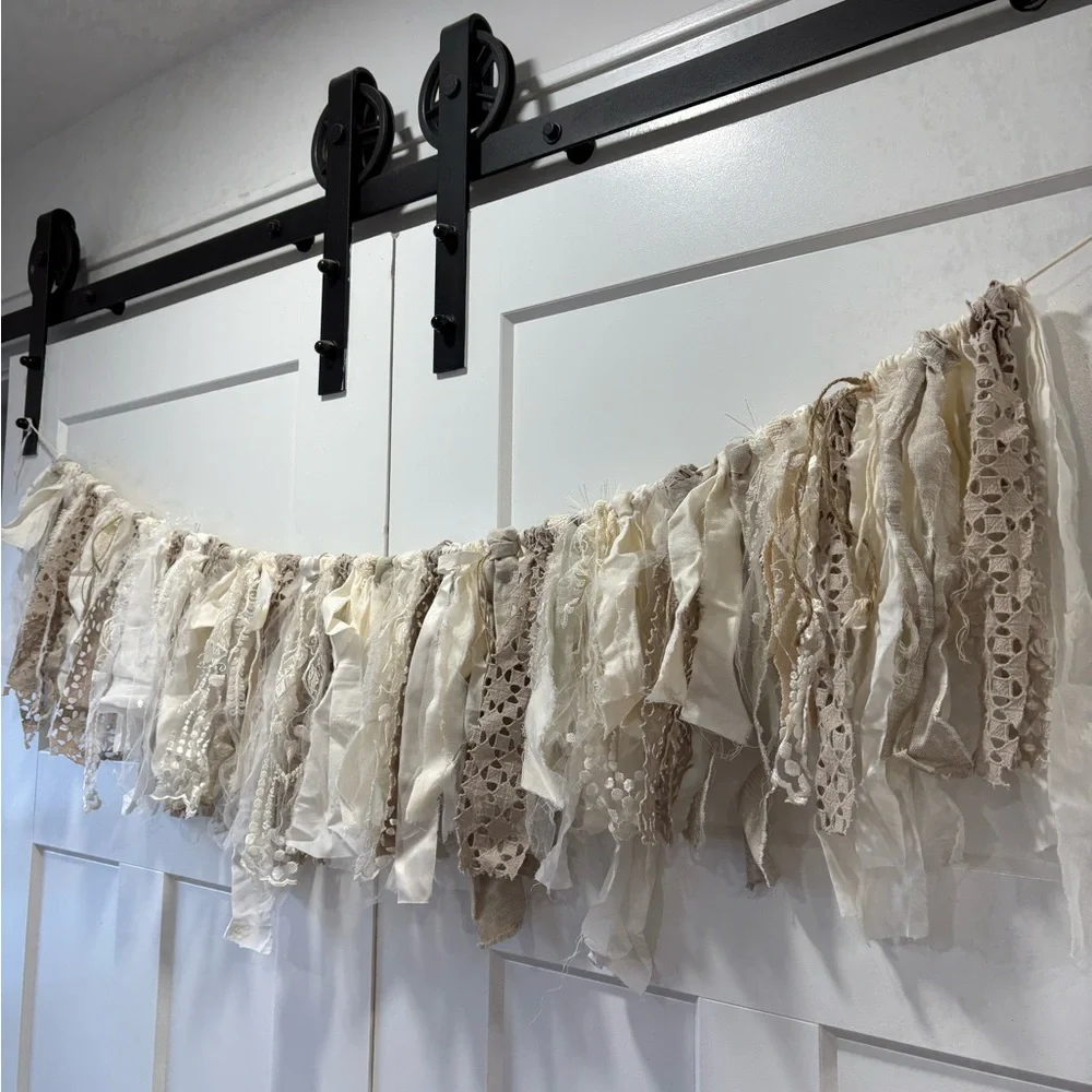 Neutral & Ivory White Fabric & Lace Garland Banner - Home Holiday Event Decor